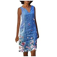 Women's Casual Dress Retro Printed V Neck Half Sleeve Knee Length Midi Dress Shirt Dress(7-Blue,8) 1441