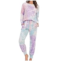 Women's 2pc Cotton Pjs Outfits Long Sleeve Pullover Top Sleepwear Set with Long Jogger Pants Tie Dye Pajama Sets
