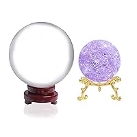 LONGWIN Bundle of 1pc 60mm Ice Cracked Crystal Ball with Golden Stand and 1pc 150mm Divination Crystal Ball with Wooden Stand