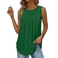 Womens 2024 Fashion Tank Tops Summer Casual Loose Fit Pleated Shirt with Lotus Leaf Hem Flowy Clothes Sleeveless Tops