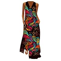 Sleeveless Printed Maxi Dress for Women Round Neck Spring Fall Long Dress Beach Dress