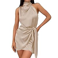 Women's Satin Sleeveless Backless Turtleneck Tie Waist Wrap Bodycon Cocktail Mini Casual Dresses for Women Plus