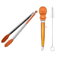 U-Taste 228.2℉ Heat Resistant BPA Free 1.5 oz Angled Turkey Baster, and 600℉ Heat Resistant 16in Kitchen Cooking Tong with Silicone Tip (Orange)