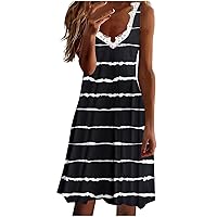 Midi Dress for Women Eyelash Lace Trim V Neck Summer Casual Dress Striped Geometric Print Color Block Sleeveless Tank Dress