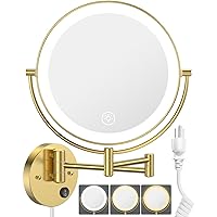 Benbilry 9” Wall Mounted Lighted Makeup Vanity Mirror with 3 Color Dimmable Lights, Super Large 1X/10X Magnifying Double Sided LED Cosmetic Mirror, 360° Swivel Extendable Round Shaving Mirror Gold