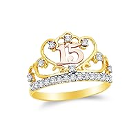 14k Two Toned Gold CZ Cubic Zirconia 15 Years Birthday Crown Ring