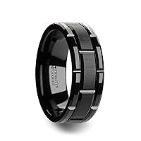 Windsor | Tungsten Rings for Men | Tungsten | Comfort Fit | Beveled Black Wedding Ring Band with Brush Finished Center and Alternating Grooves - 8mm Size 10.0