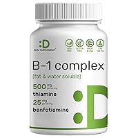Vitamin B1 500mg with Benfotiamine – 2 in 1 Enhanced Formula – Water Soluble Thiamine B1 Supplement – Third Party Tested, Non-GMO, No Gluten