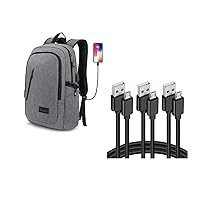 Mancro Laptop Backpack, Waterproof Travel Backpack with USB Charging Port, Grey | Micro USB Cable 6ft 3Pack Fast Charging Cord Wire Compatible for Android Device, Black