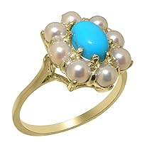 14k Yellow Gold Natural Turquoise & Cultured Pearl Womens Cluster Ring - Sizes 4 to 12 Available