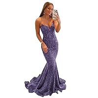 Basgute Sequin Mermaid Prom Dresses for Women Sparkly Long Sexy Strapless V Neck Bodycon Formal Evening Party Gowns