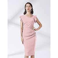 2022 Women's Dresses Asymmetrical Neck Ruffle Trim Dress Women's Dresses (Color : Dusty Pink, Size : Medium)