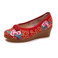 Women's Chinese Gold Silk Thread Embroidery Wedges Shoes Sandals Canvas Cloth Shoe