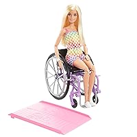 Barbie Fashionistas Doll #194 with Wheelchair & Ramp, Straight Blonde Hair & Rainbow Romper with Accessories