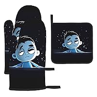 Oven Mitts and Pot Holders 3 Packs High Heat Resistant Non-Slip Kitchen Oven Gloves and Potholder Waterproof Cartoon Boy Sleepy Print Hot Pads for BBQ Cooking Baking Grilling