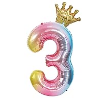 Falliny 40 Inch Rainbow Number 3 Balloons with Detachable Crown Foil Helium Digital Colorful Party Birthday Decorations for Birthday Party,Wedding, Bridal Shower Engagement Photo Shoot, Anniversary
