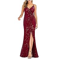 Formal Gowns and Evening Dresses Women Glitter Spaghetti Strap Long Slit Mermaid Dress Sexy V Neck Cocktail Prom Dress