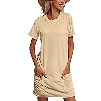 Easter Dress Plus Size,Women's Crew Neck Solid Color Short Sleeved Casual Loose T Shirt Dress Pocket Skirt Casu