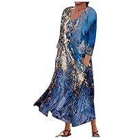 Women's Summer Maxi Dress 3/4 Sleeve Round Neck Homewear Dress Flowy Casual Boho Long Dresses with Pockets