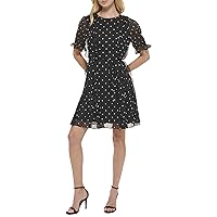 Tommy Hilfiger Women's Fit and Flare Chiffon Short Sleeve Round Neck Dress