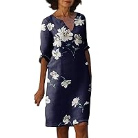 Shift Nice Spring Tunic Dress Womens Hike Short Sleeve Thin Light Dress for Women Pocket V Neck Printing Blue S