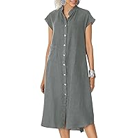 chouyatou Women Summer Loose Cap Sleeve Button Down Linen Shirt Dress Midi Casual Beach Dress with Pocket