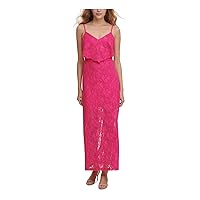GUESS Womens Pink Stretch Slitted Lace Popover Layer with Scalloped EDG Floral V Neck Maxi Shift Dress 4