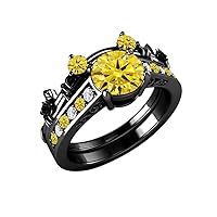 Yellow Citrine & Simulated Diamond 14K Black Gold Finish Classic Look Mickey Mouse Engagement Ring Bridal Set For Jewelry