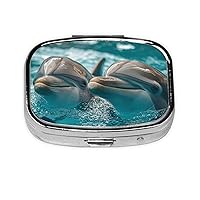 Two Happy Dolphins Printed Pill Box/Pill Case Portable Square Pill Box, Pill Case for Purse Pill Box Travel, 2.2x1.6in
