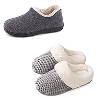 ULTRAIDEAS Set of Two Pairs-Women's Wool-like Closed Back Slippers(Size 8, Gray)& Women's Coral Fleece Slip-on Slippers(Size 7-8, Gray)