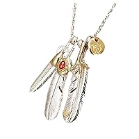 Retro S925 Sterling Silver Inlaid Ruby Indian Style Feather Thai Silver Necklace Leaf Eagle Claw Pendant Personality Punk Men's Necklace 60Cm