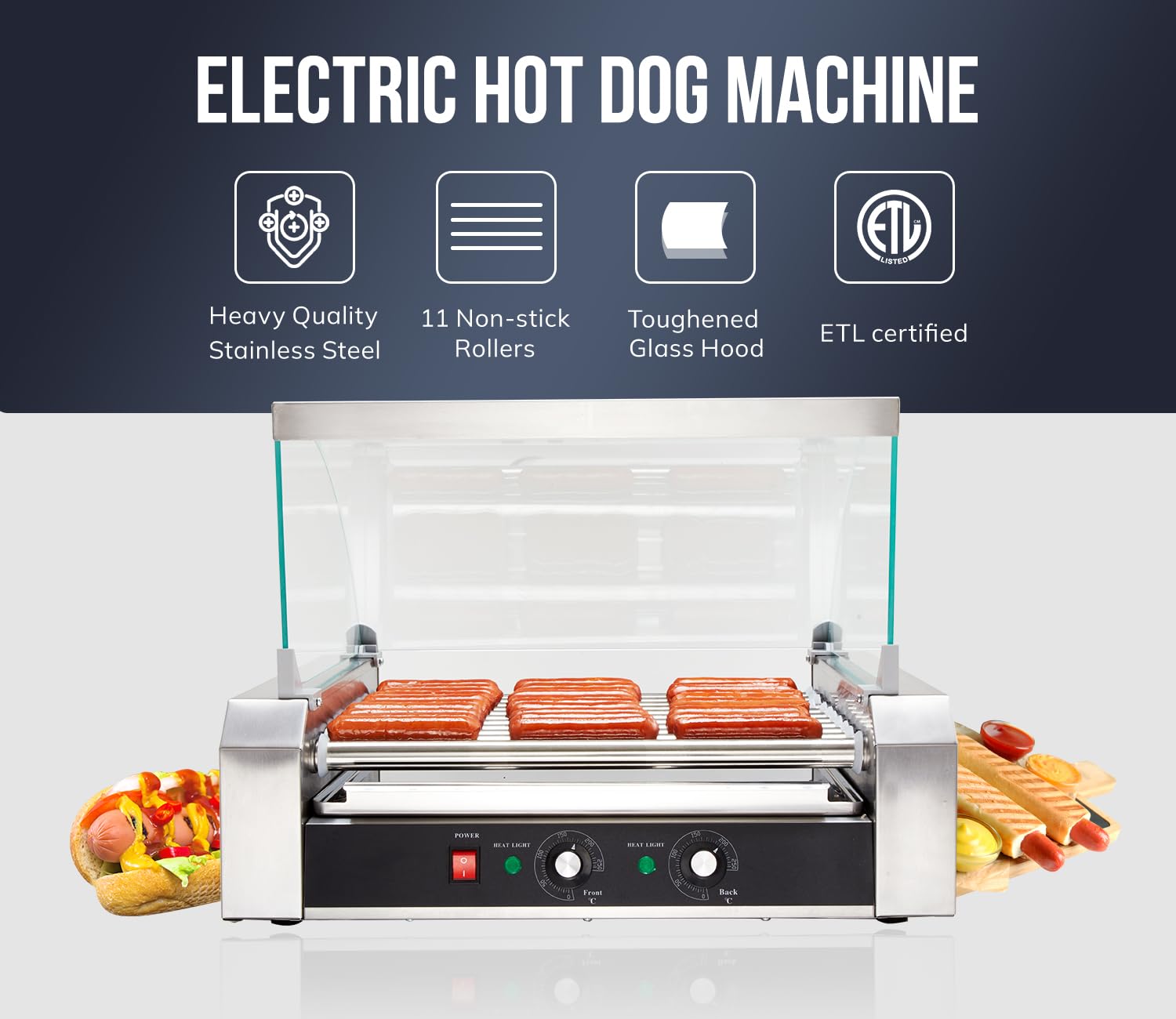 SYBO Hot Dog Roller, 30 Hot Dogs 11 Rollers Grill Cooker Machine with Removable Stainless Steel Drip Tray and Glass Hood Cover, 1430-Watts, Perfect for Commercial And Party