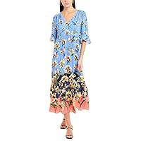 London Times Women's Floral Printed V-Neck Tiered Maxi with Ruffle Elbow Sleeves and Border Hem