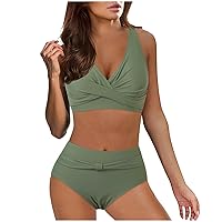 Women's Two-Piece Cami Swimsuit High Waisted V Neck Adjustable Spaghetti Straps Girls Removable Pads Swim Suit Sexy