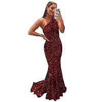 Wchecalino Womem's Sequin Mermaid Prom Dresses Long 2024 One Shoulder Sparkly Sexy Formal Evening Party Gowns