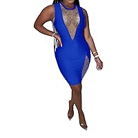 Ekaliy Women's Sexy Dress Bodycon Rhinestones Deep V Hollowed Out Sleeveless Nightclub Party Dress