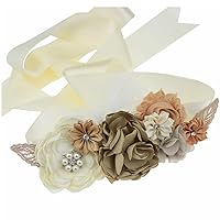 Maternity Pregnancy Flower Sash Belt, Rhinestone Feather Sash for Wedding Bride/Baby Shower Dress