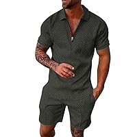 Striped Solid Mens Shirt and Shorts Fashion Lapel Quarter-Zip Soft T-Shirt Summer Stretch Comfortable Outfits