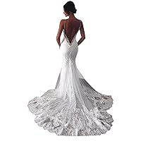 Sequins Spaghetti Strap Lace Bridal Ball Gowns with Train Mermaid Wedding Dresses for Bride