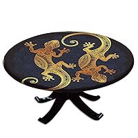 Elastic Edged Polyester Fitted Table Cover,Artistic Gecko Lizard Figures Boho Framework Tropical Henna Tattoo Style,Fits up to 36