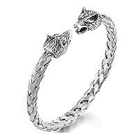 Mens Wolf Head Bracelet Stainless Steel Braided Cable Bangle Cuff Bracelet Jewelry Polished, Adjustable