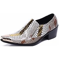 Snake Skin Texture Metal Pointed Toe Slip-on Leather Casual Loafer Shoes Pump for Men Party Fashion Business Formal Western Cowboy Wedding