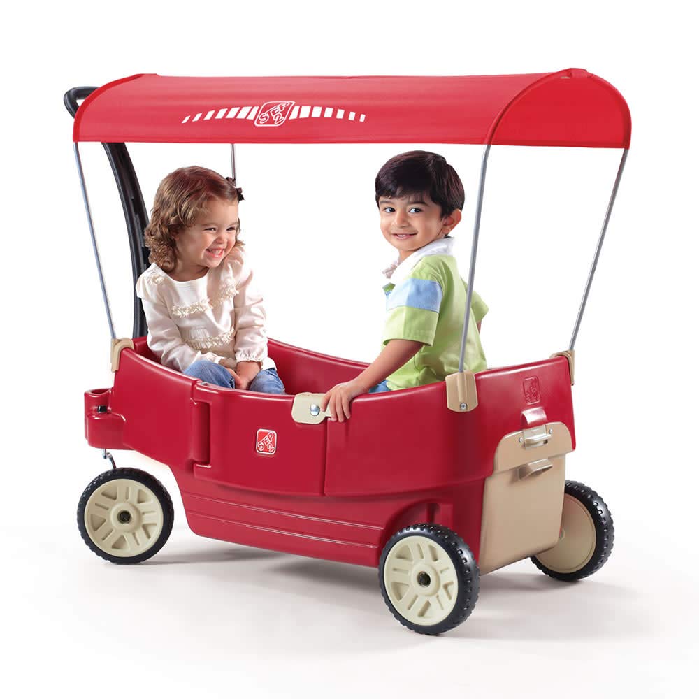 Step2 All Around Canopy Wagon for Kids, Spacious Kids' Outdoor Wagon with Safety Belts and Adjustable Canopy, Ages 1.5 Years Old, Red