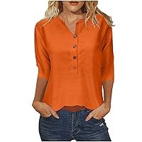 Women Button Crewneck Tunic Tops 3/4 Sleeve Dressy T-Shirts Summer Dressy Casual Plain Pullover Blouses for Work