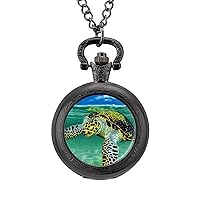 Sea Turtle Fashion Vintage Pocket Watch with Chain Quartz Arabic Digital Dial for Men Gift