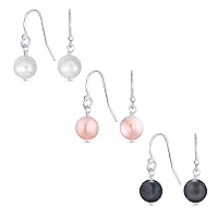 Classic White Round 8MM Freshwater Cultured Pearl Drop Dangle Bead Ball Earrings For Women 14K Gold Plated .925 Sterling Silver French Fish Hook