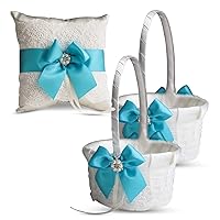 Ivory Ring Bearer Pillow and Basket Set | Lace Collection | Flower Girl & Welcome Basket for Guest | Handmade Wedding Baskets & Pillows (Turquoise)