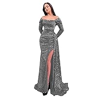 Sequin Prom Dress for Women with Sleeves 2024 High Slit Formal Gown Pleated Evening Dress ZW003