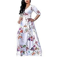 Womens Dresses Plus Size African Floral Printed V Neck 3/4 Sleeve Party Loose Long Maxi Dress with Belt