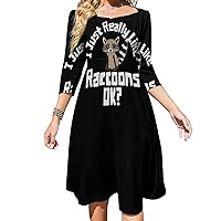 Funny Raccoon Midi Dresses for Women Tie Flared A-Line Swing 3/4 Sleeves Cute Sundress